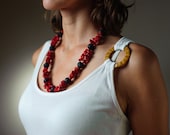 Chunky Red Coral Statement Necklace Beaded Black Lava Elegant Mother Day Gift Jewelry