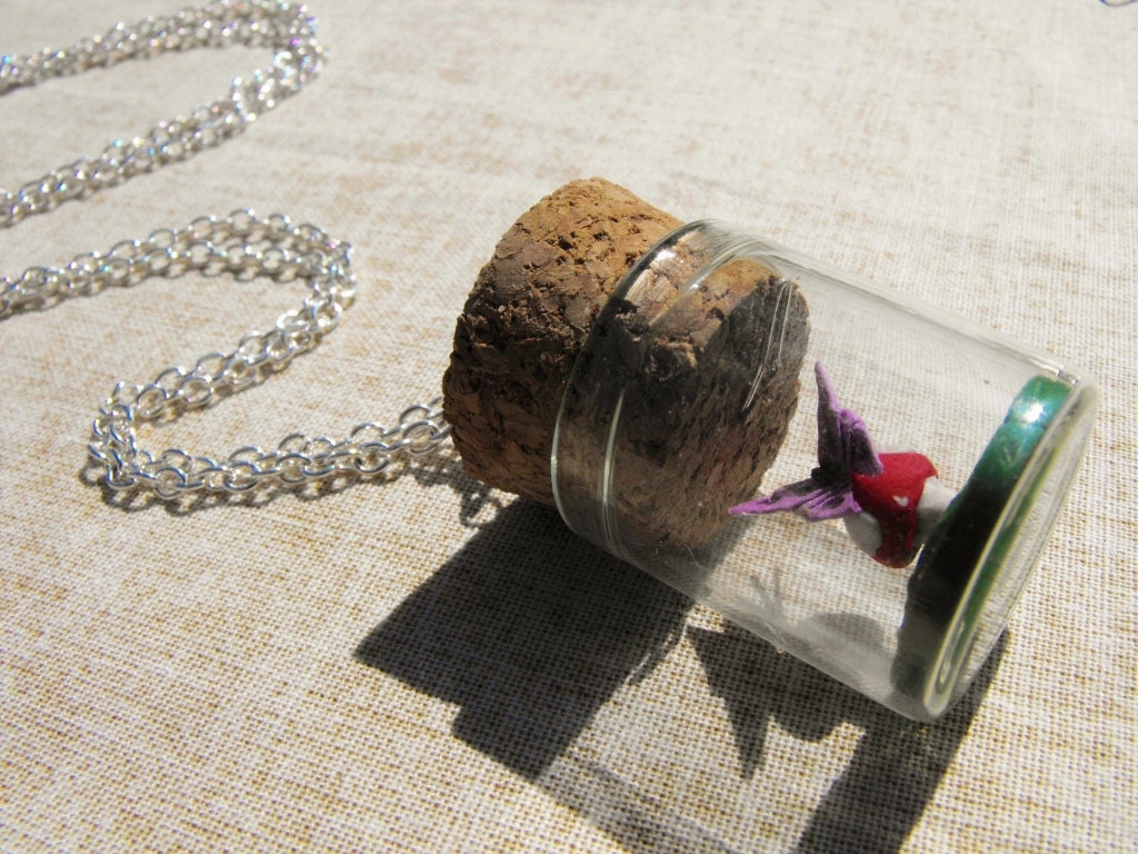 Origami Butterfly terrarium bottle necklace- miniature glass bottle and polymer clay