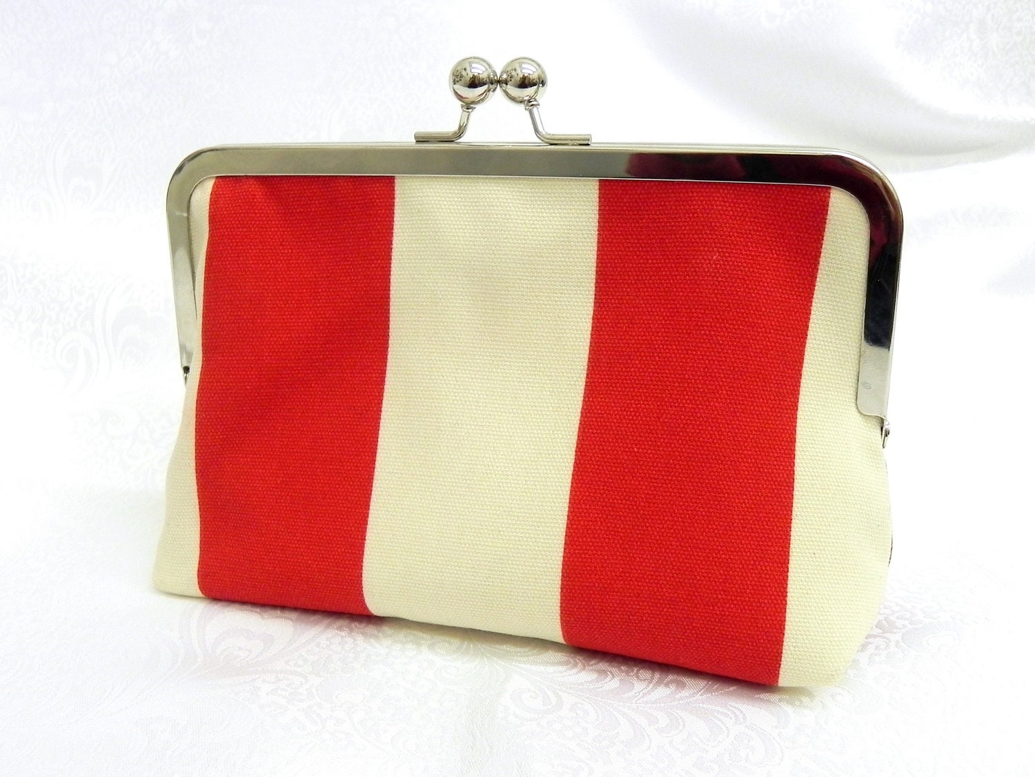 Red and Cream Clutch - Nautical Stripes - Silver kisslock frame - GaranceCouture