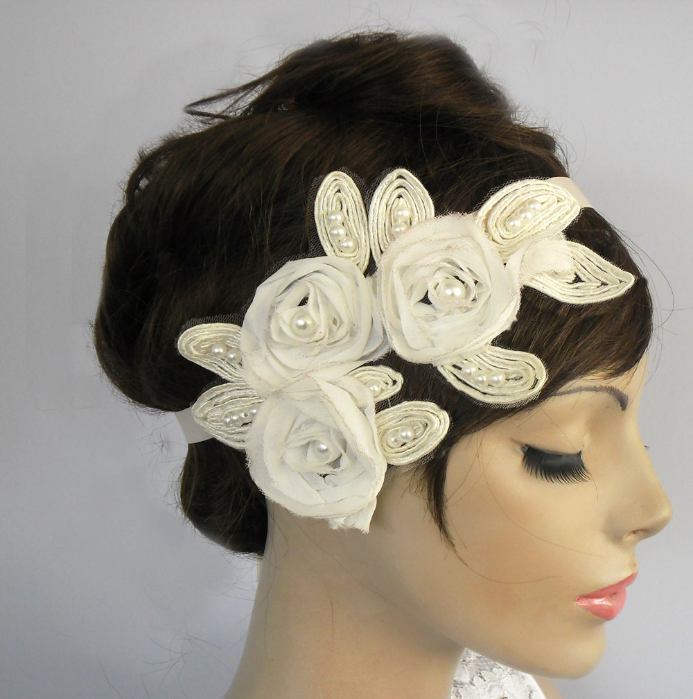 Ivory applique floral headband tiara, bridal fascinator, weddings head piece, handmade, ooak