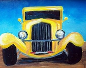 Yellow Hot Rod - small oil painting, classic vintage car art