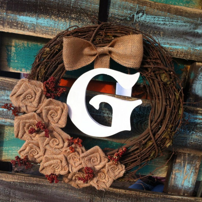 Monogram Bow and Berry Burlap Grapevine Wreath Perfect Wedding Decoration or Housewarming Gift