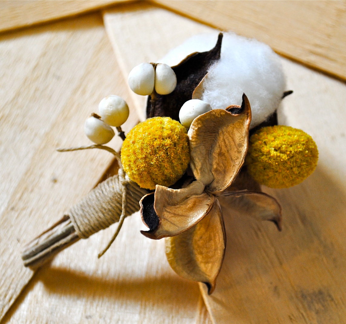 Cotton Boll Boutonniere - Natural Cotton - Tallow Berries - Cotton Bur - Yellow Craspedia - Wedding - Groom - Groomsmen