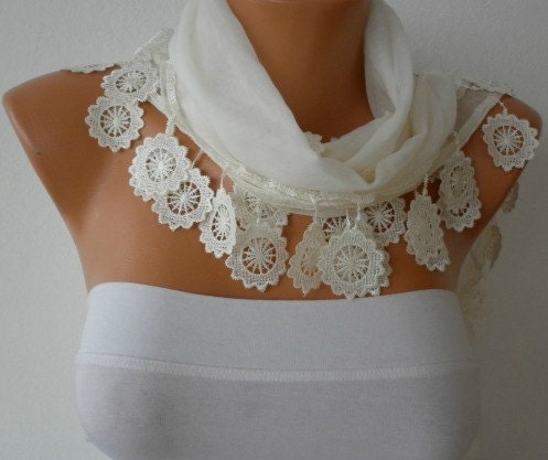 Creamy  White Scarf  - Cotton  Scarf -  Cowl  Scarf with Lace Edge - Bridesmaids Gifts - fatwoman