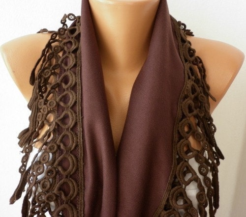 Mother's Day Gift - Brown Scarf  Women Pashmina  Scarf  - Cotton Scarf - - Cowl with Lace  Edge - Chocolate - fatwoman
