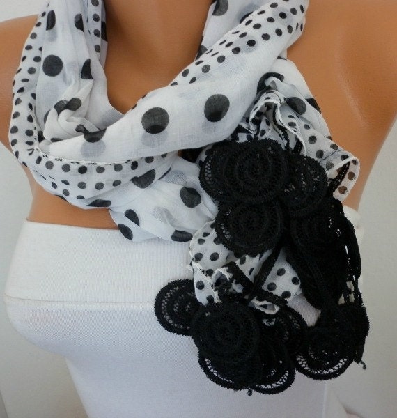 White  Scarf -  Cotton Scarf  Cowl with  Lace Edge  Gift - Polka dot  fatwoman - Bridesmaids Gifts