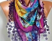 BIG SALE Feather Scarf Shawl - Cotton Scarf Weddings Scarves - Cowl White Lace Edge