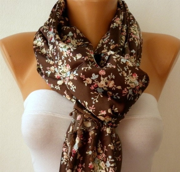 Women Shawl  Scarf -  Cowl with Lace - Brown