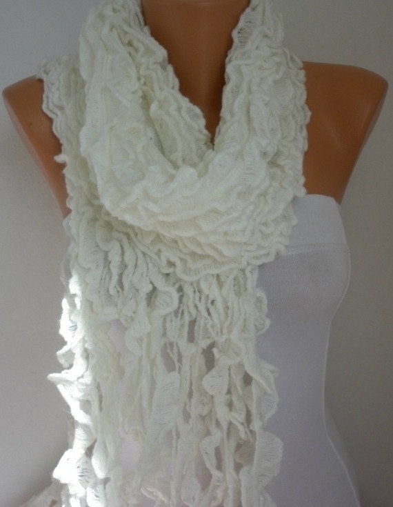 Fabric Knitted Lace Scarf  -  Shawl Scarf  Cowl Scarf -  Long Scarf - Ruffle Scarf- White- fatwoman