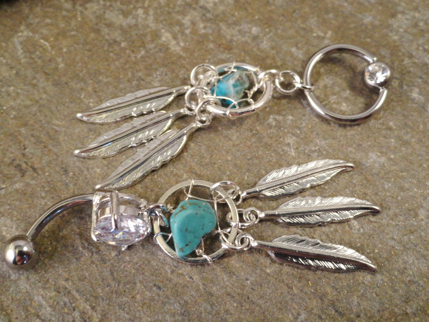 Turquoise Dream Catcher Captive Belly Button Jewelry, Gemstone Belly Button Ring