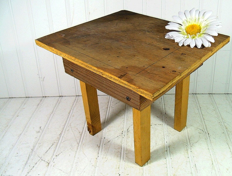 Primitive Wooden Footstool - Vintage Handcrafted Rustic Seat - Small Chippy Workshop Bench