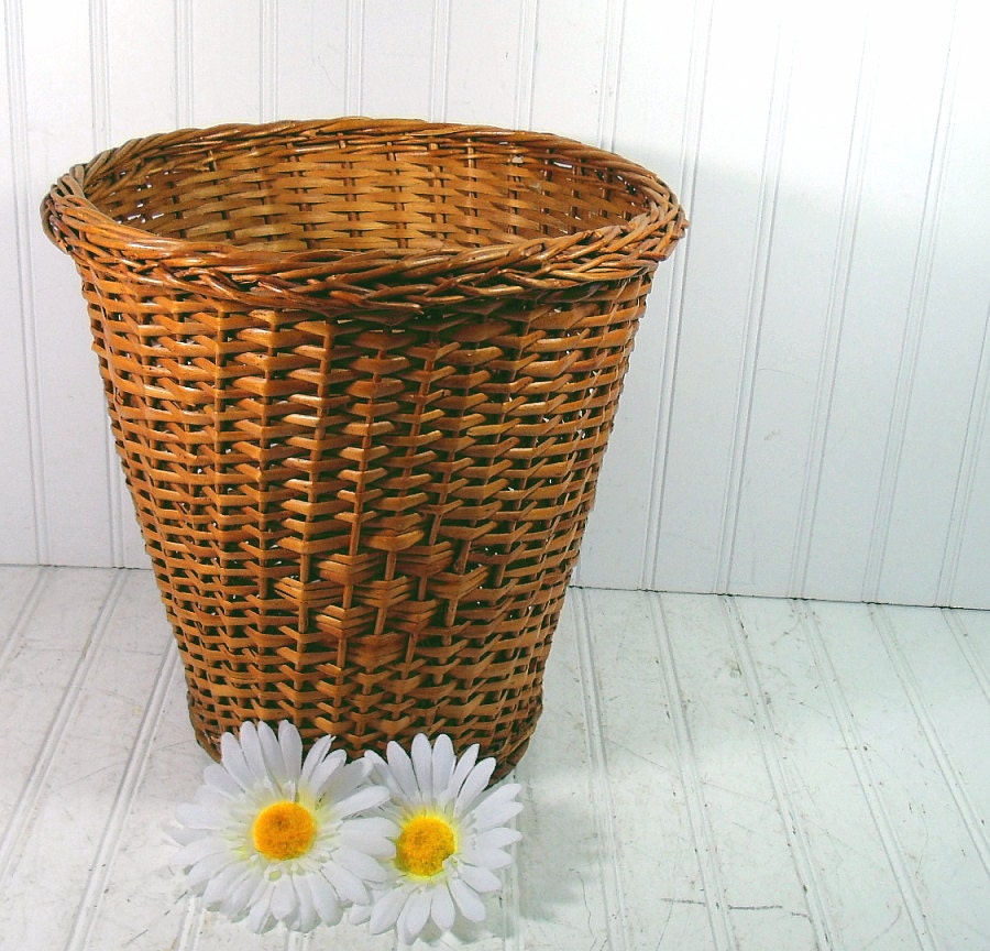 Vintage Honey Brown Woven Wicker Bin Mid Century by DivineOrders
