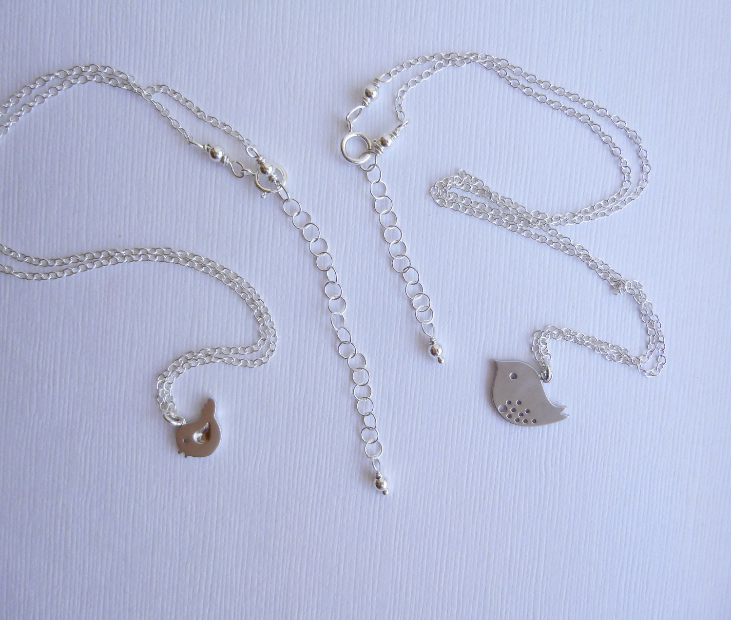 Two Silver Speckled Birds with Sterling Silver Chain -- Mother Daughter Necklace Set or Double Necklace