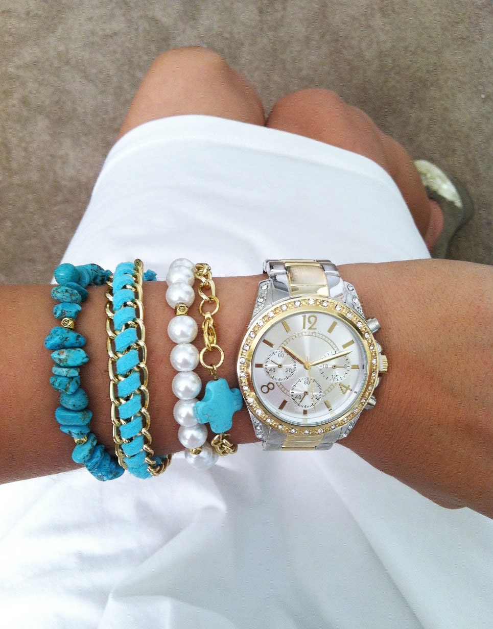 Turquoise Pearl Chain Bracelet Set