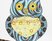 Owl ORIGINAL Painting Watercolor Gouache Bird Illustration Brown Blue Baby Boy Kids Wall Art Nursery Room Decor 11"x14"