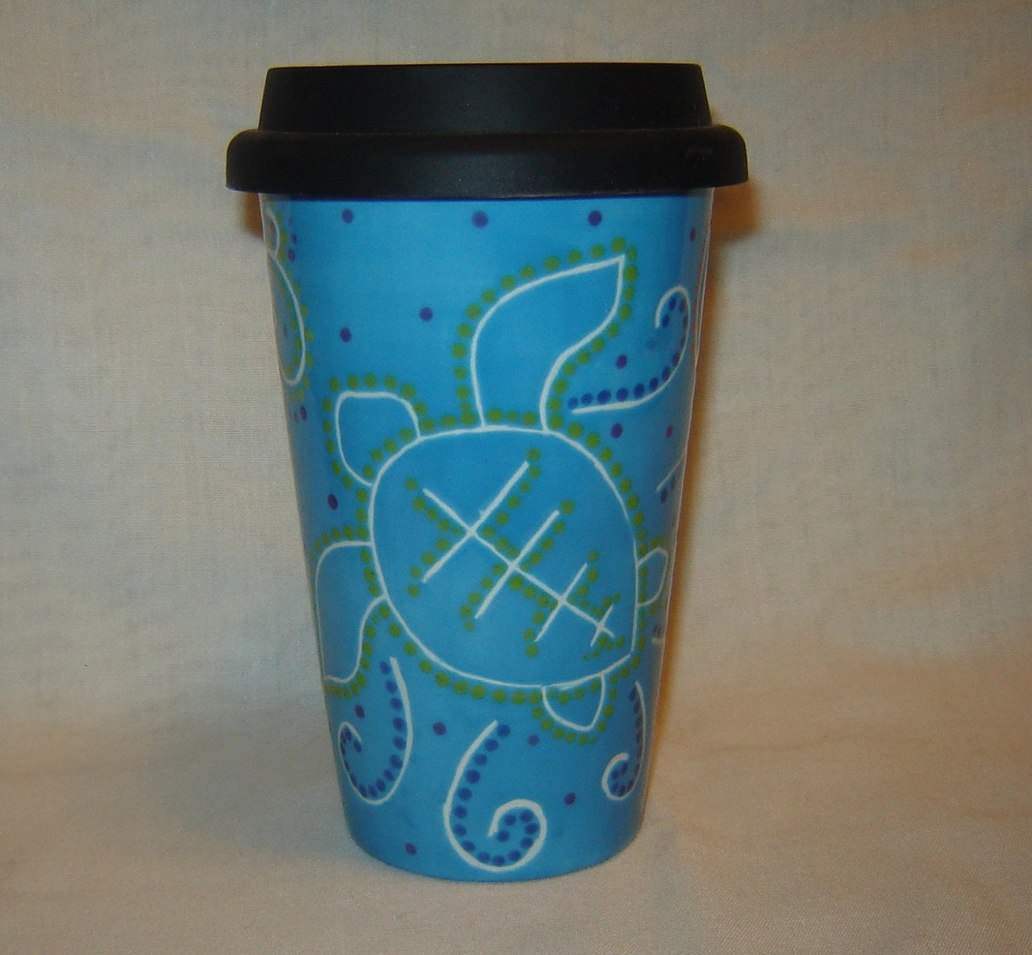 Eco Friendly Ceramic Travel Mug w/lid - Bright Blue - Sea Turtle- Dots and Swirls