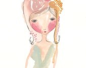 Whimsical Girl Postcard Print, Folk Art Fashion Illustration, Little Fashionista