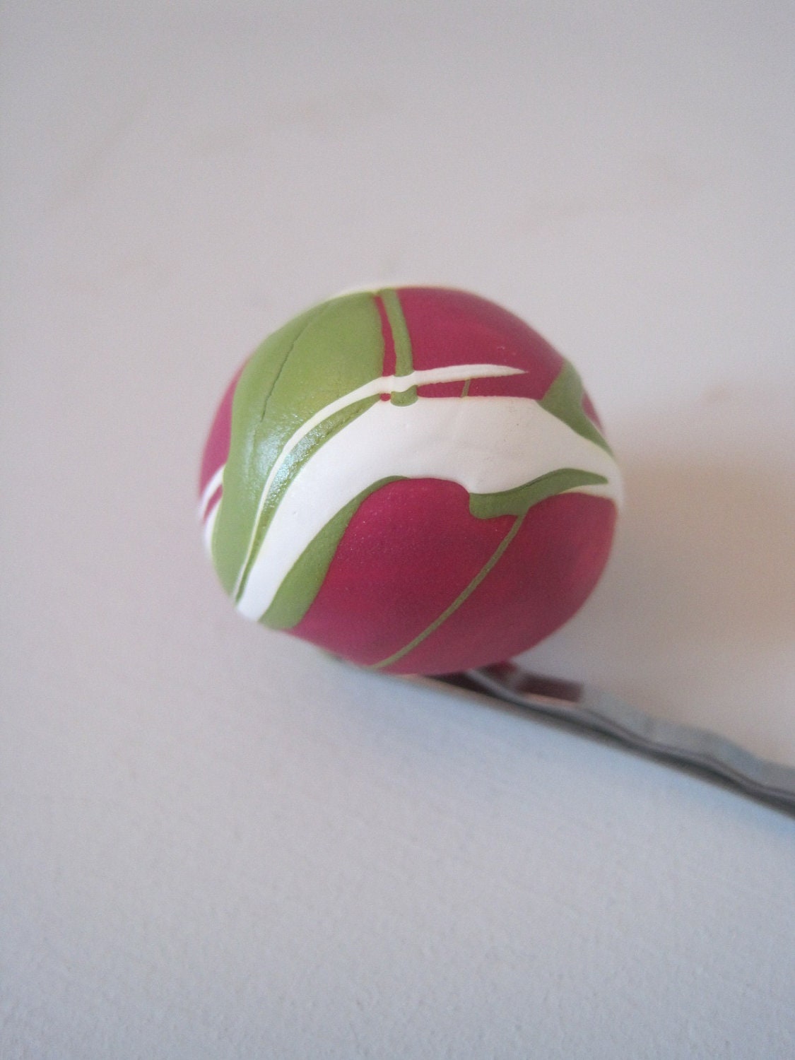 SALE Blossom Pink, Grass Green and White handpainted sculpted clay bubble bobby hair pin, Gift for Her bridesmaid gift