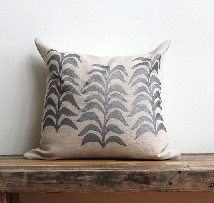 Botanical in metallic silver hand printed on natural ecru organic hemp pillow cover 20x20