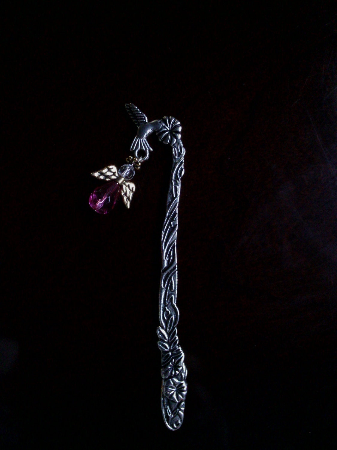 Pink Crystal Angel on Humming Bird and Flower Book Mark 6" Long