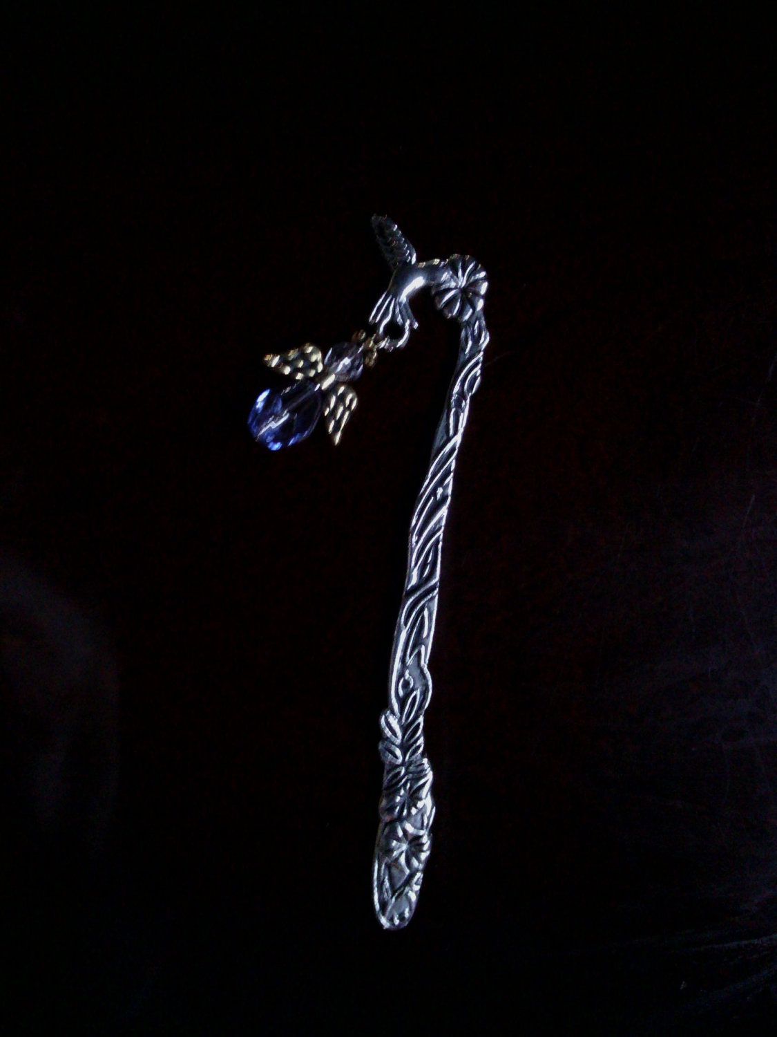 Pale Blue Crystal Angel on Humming Bird and Flower Book Mark 6" Long