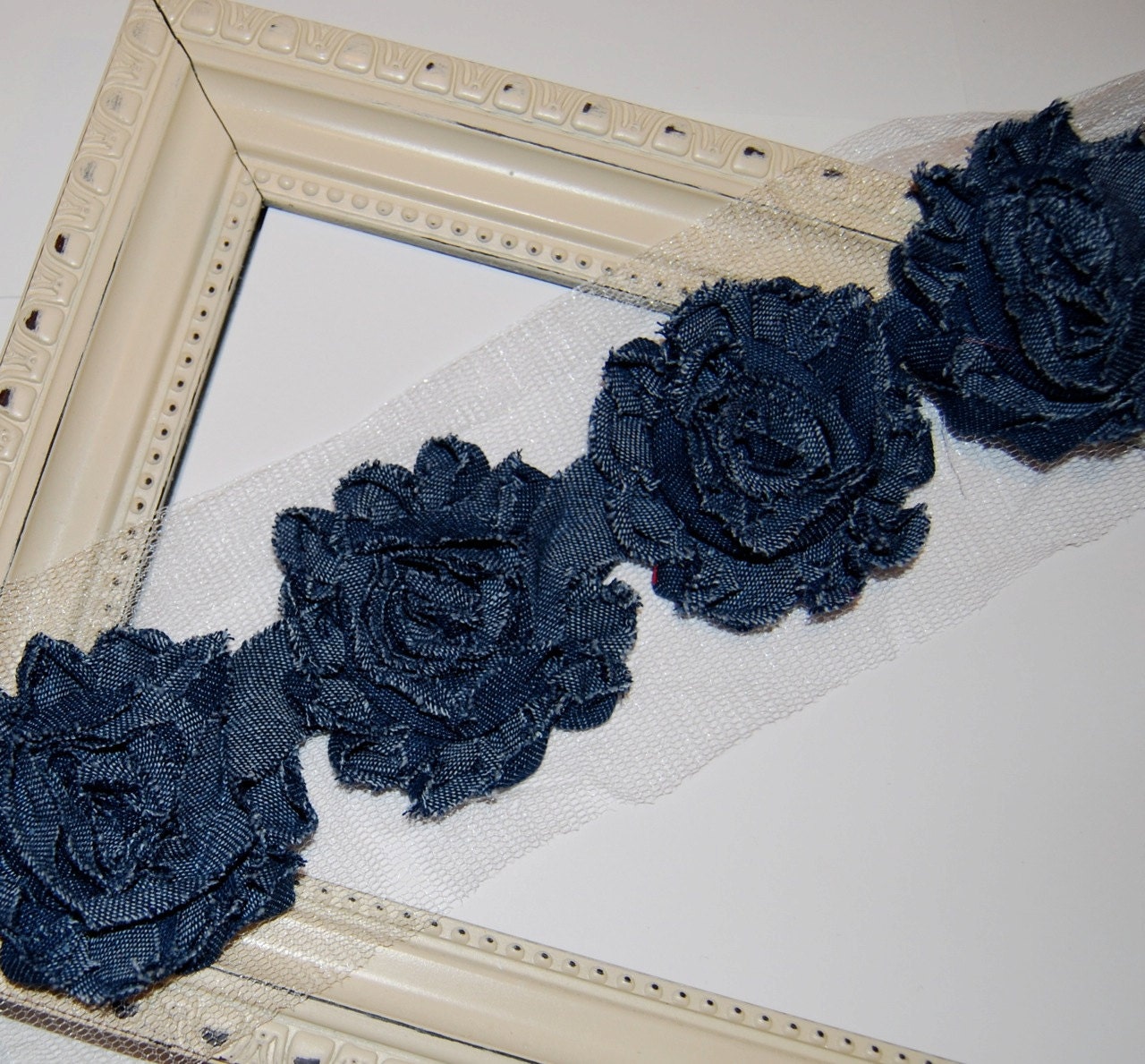 Denim Shabby Rose Trim - Shabby Flowers Denim Jean Blue  -1/2 yard - Rosette Flower Trim - Shabby Chic Vintage Fabric Flowers