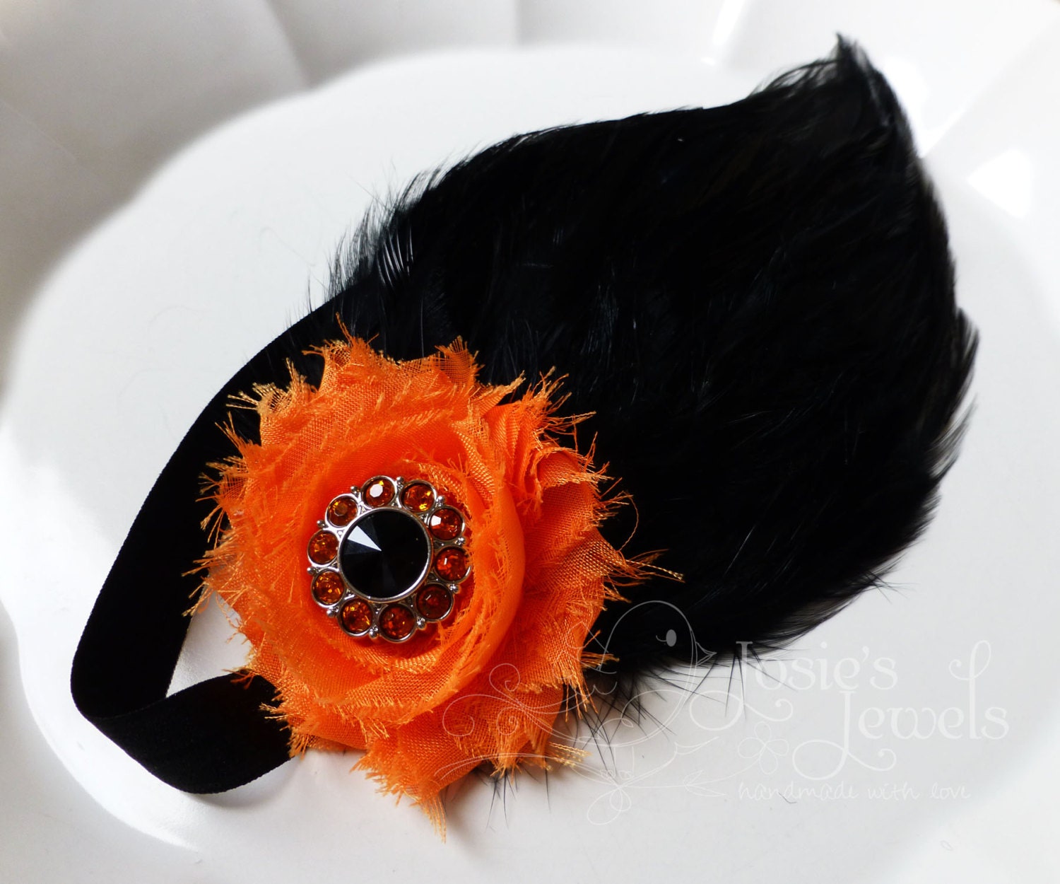 SALE --- Black & Orange HALLOWEEN Shabby Chic Feather Infant Toddler Girls Headband