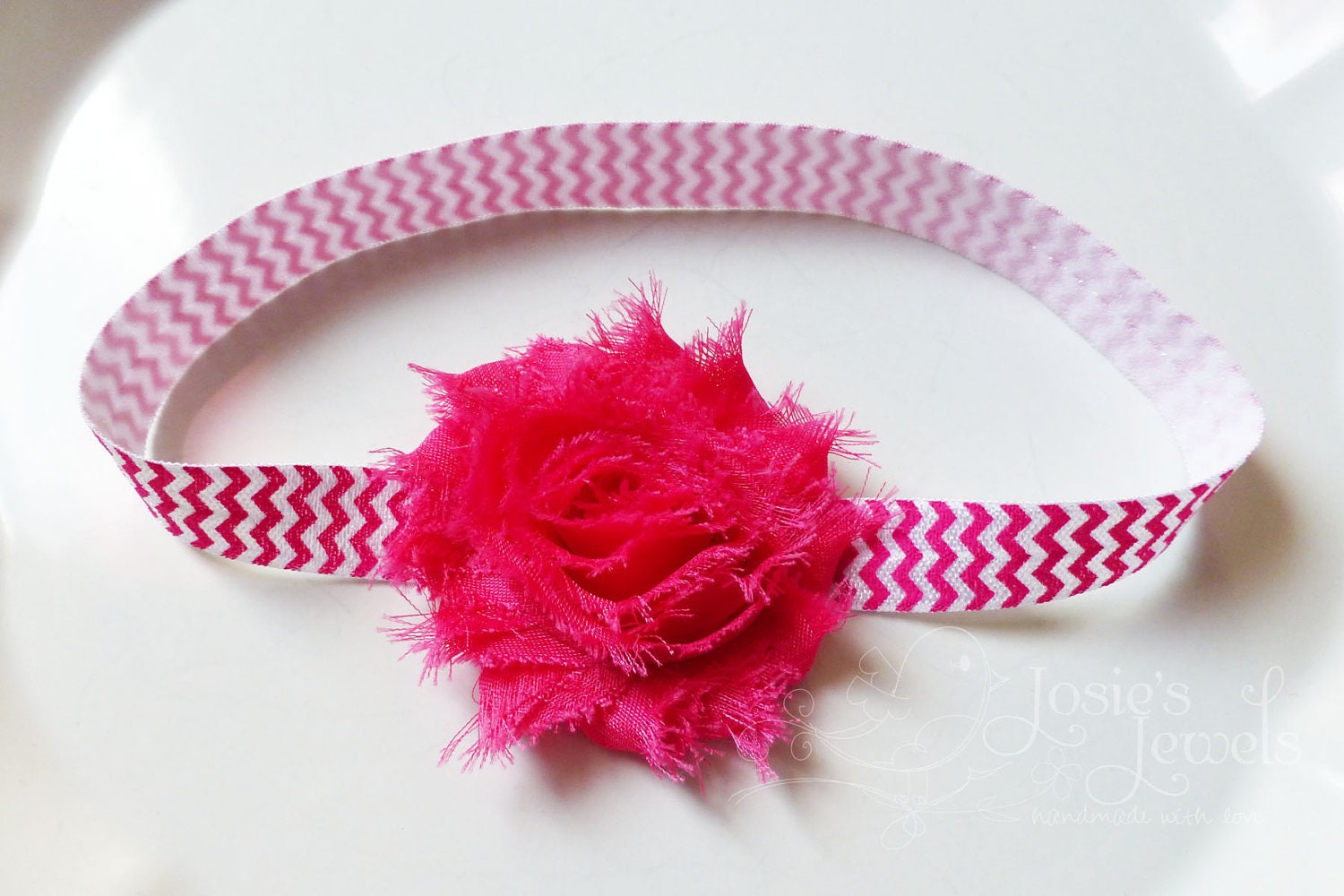 Hot Pink Shabby Chic Rosette Flower Girls Chevron Headband