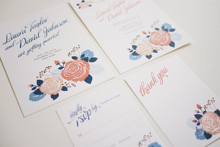 Blue and Pink Rose Printable Wedding Invitation Set