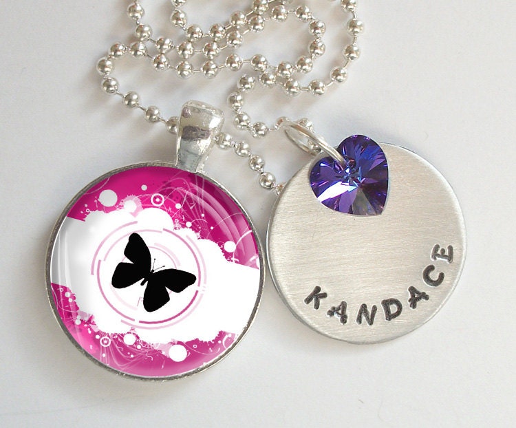 Girly Butterfly Personalized Hand Stamped Necklace Swarovski Crystal Heart  r30