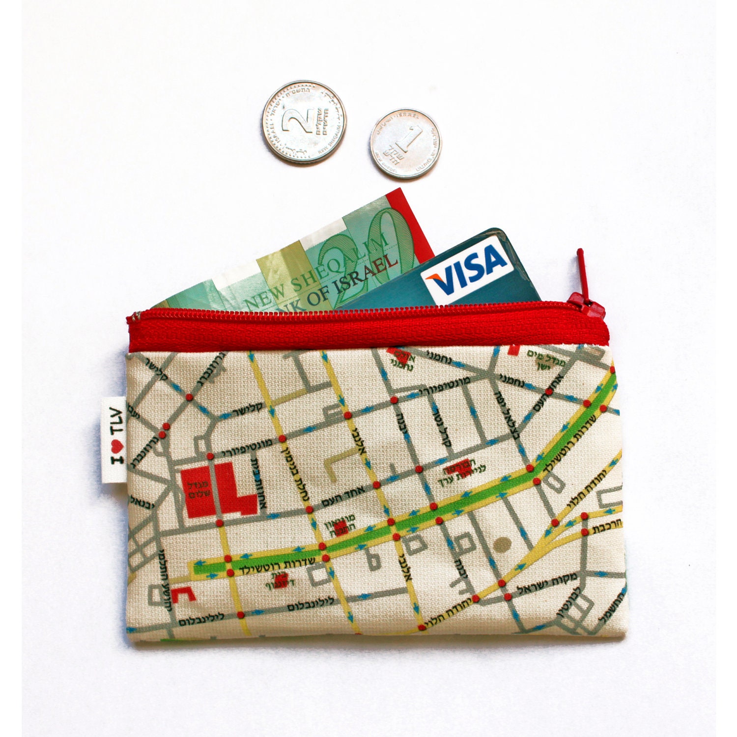 Map Wallet of Tel Aviv , cute coin purse, business card holder - a souvenir from Tel Aviv Israel, coin pouch with red zipper