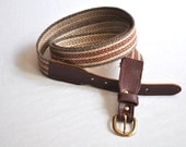 Vintage Men's Leather Canvas Strap Belt Taupe Brick Red Offwhite Stripes XL 38