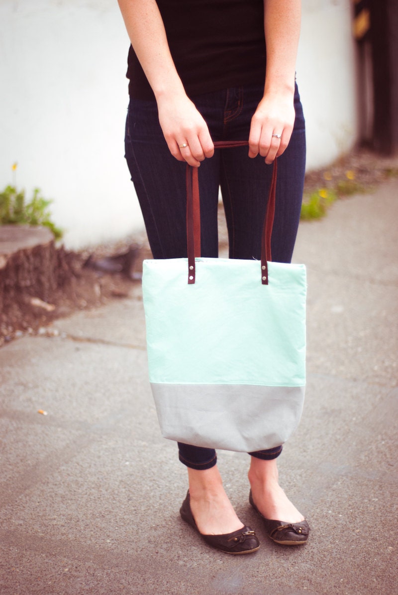 Mint green colorblocked with gray bottom leather handles tote bag