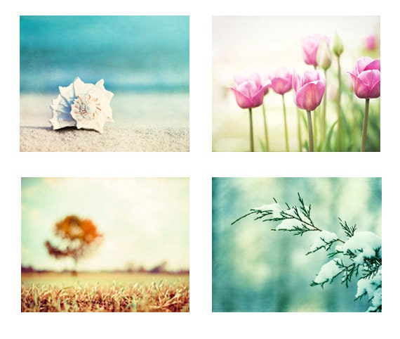 Four Seasons Photography Set - 4 8x10 Nature Photographs - winter spring - summer fall autumn - 4 seasons art prints - aqua blue mint pink