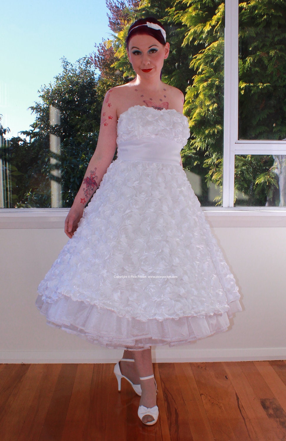 1950's 'Mirabel' Style White Rosette Flower Wedding Dress with Sweetheart Neckline, Tea Length Skirt and Petticoat - Custom made to fit