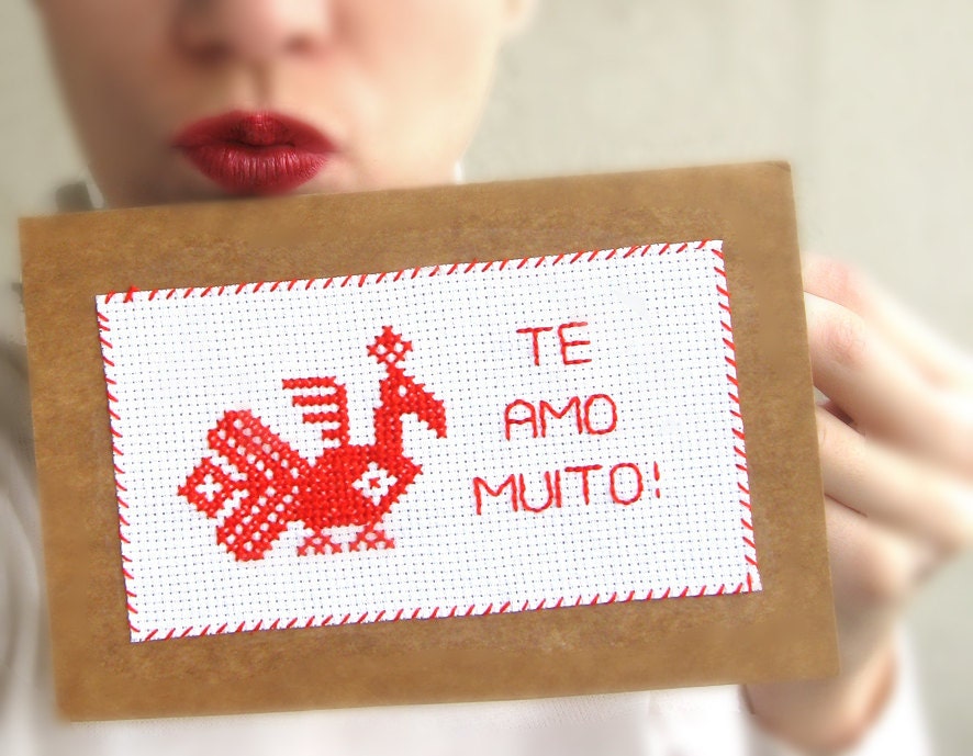 I love you Embroidered handmade card Peacock Red