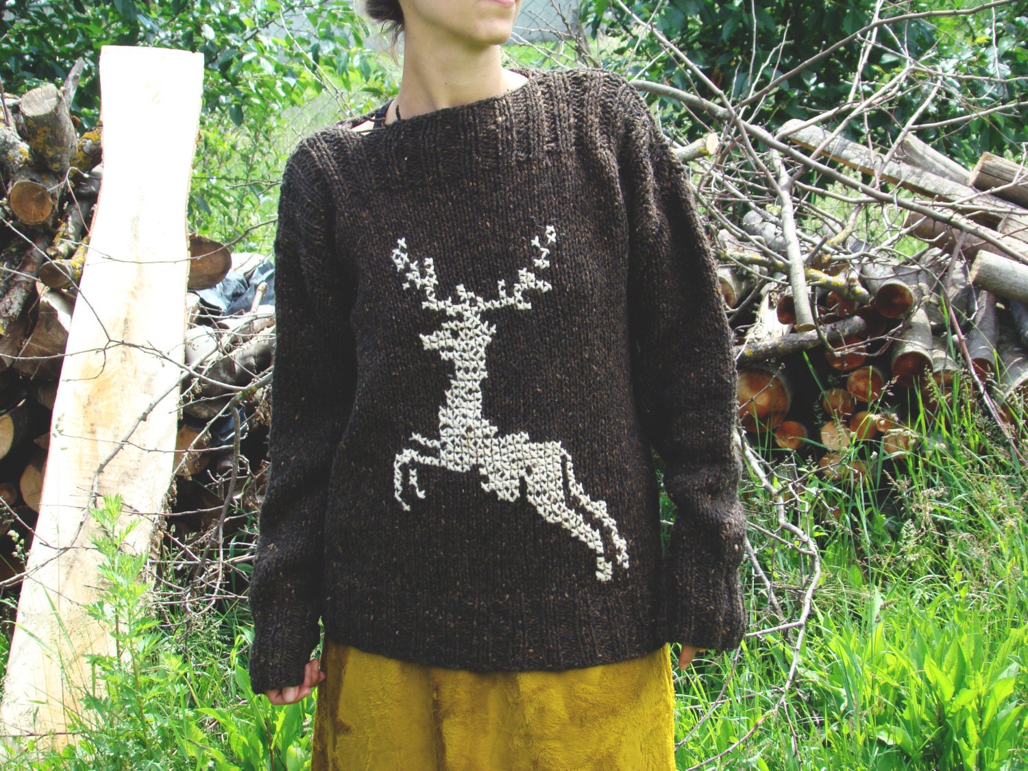 Vintage 80's Wool Knitted Chunky Sweater with Deer Motif