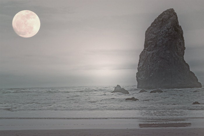 Oregon Beach Photography Print 11x14 Fine Art Pacific Northwest Full Moon Ocean Sea Autumn Landscape Photography Print.