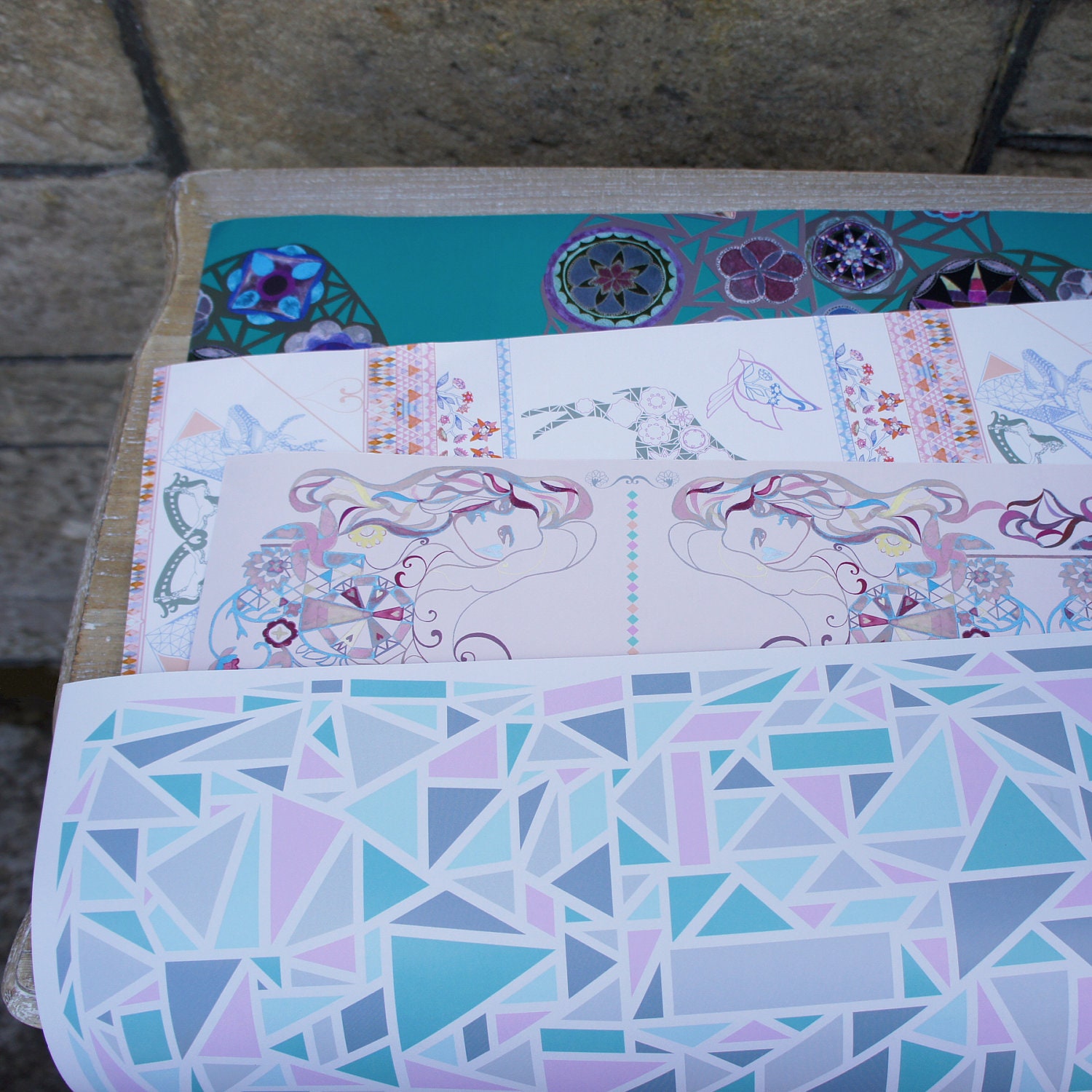3 Sheets of Geometric Patterned Wrapping Paper - Pink, Turquoise and Grey