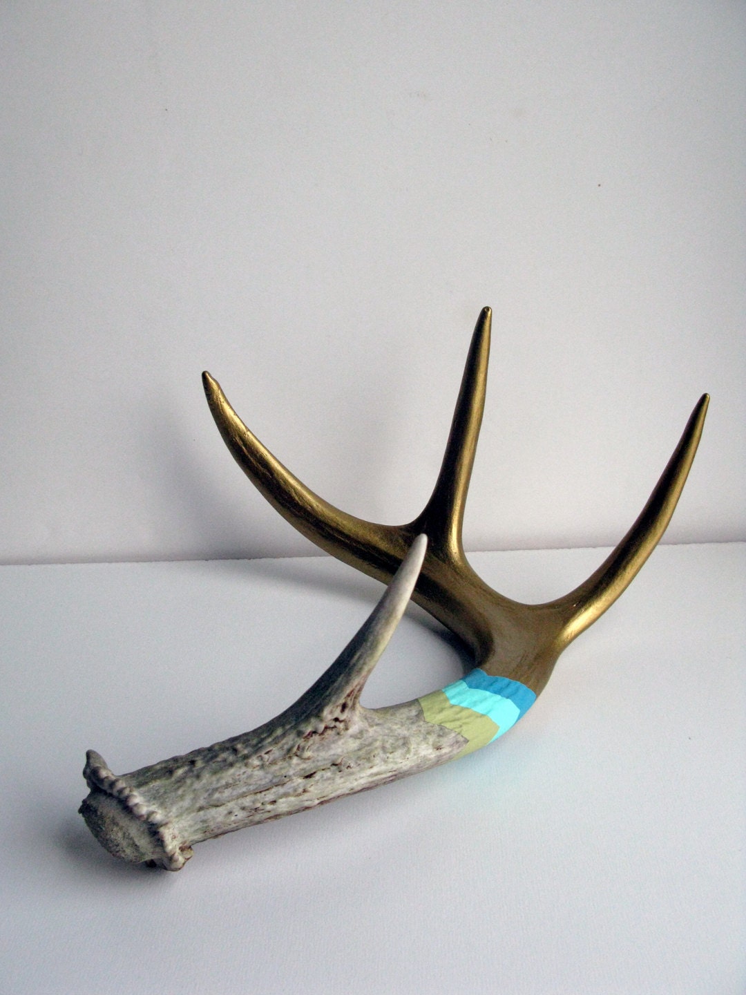 Gold, Turquoise, Aqua and Green Painted Chevron Antler - Medium