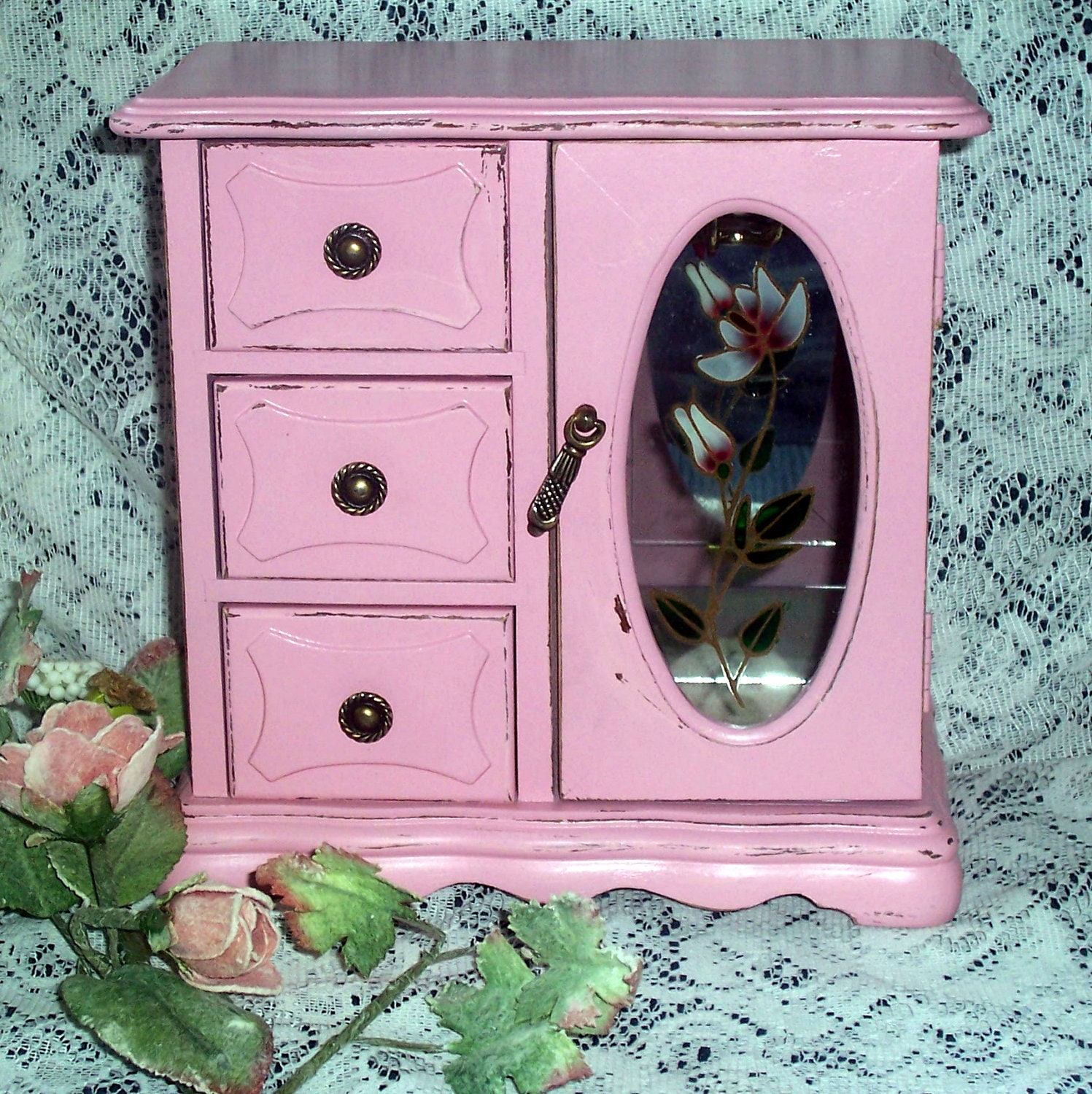 Vintage jewelry box romantic french farmhouse style in distressed pink girly girl chippy