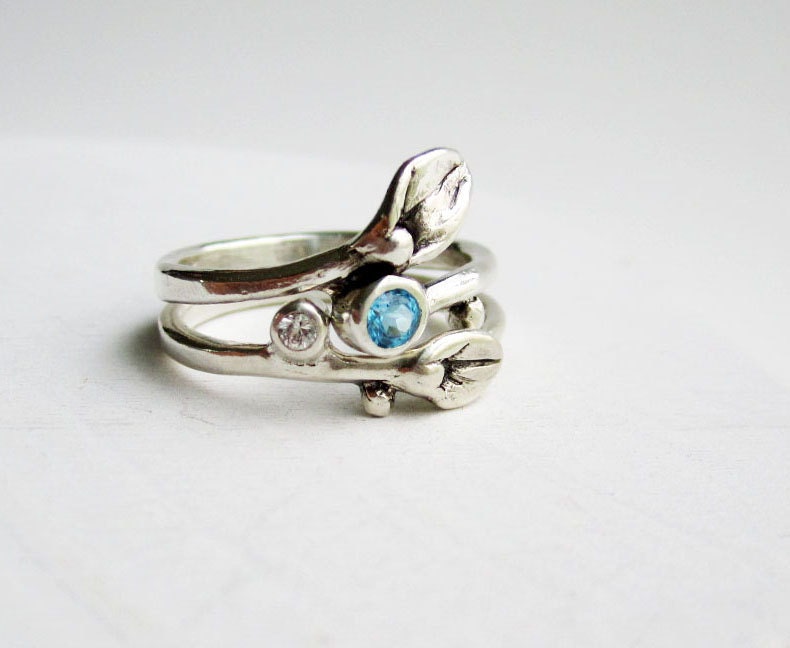 Set of 2 Rings, Engagement Ring, Small Leaf Silver Ring with Blue Topaz and White Sapphire