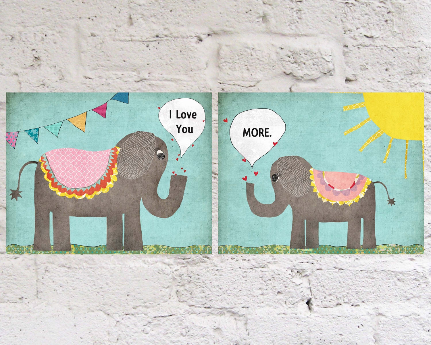 Illustration Art Elephant, I Love You More, Girl Nursery Toddler Mom Baby Connected Sentimental Whimsy 8 by 10