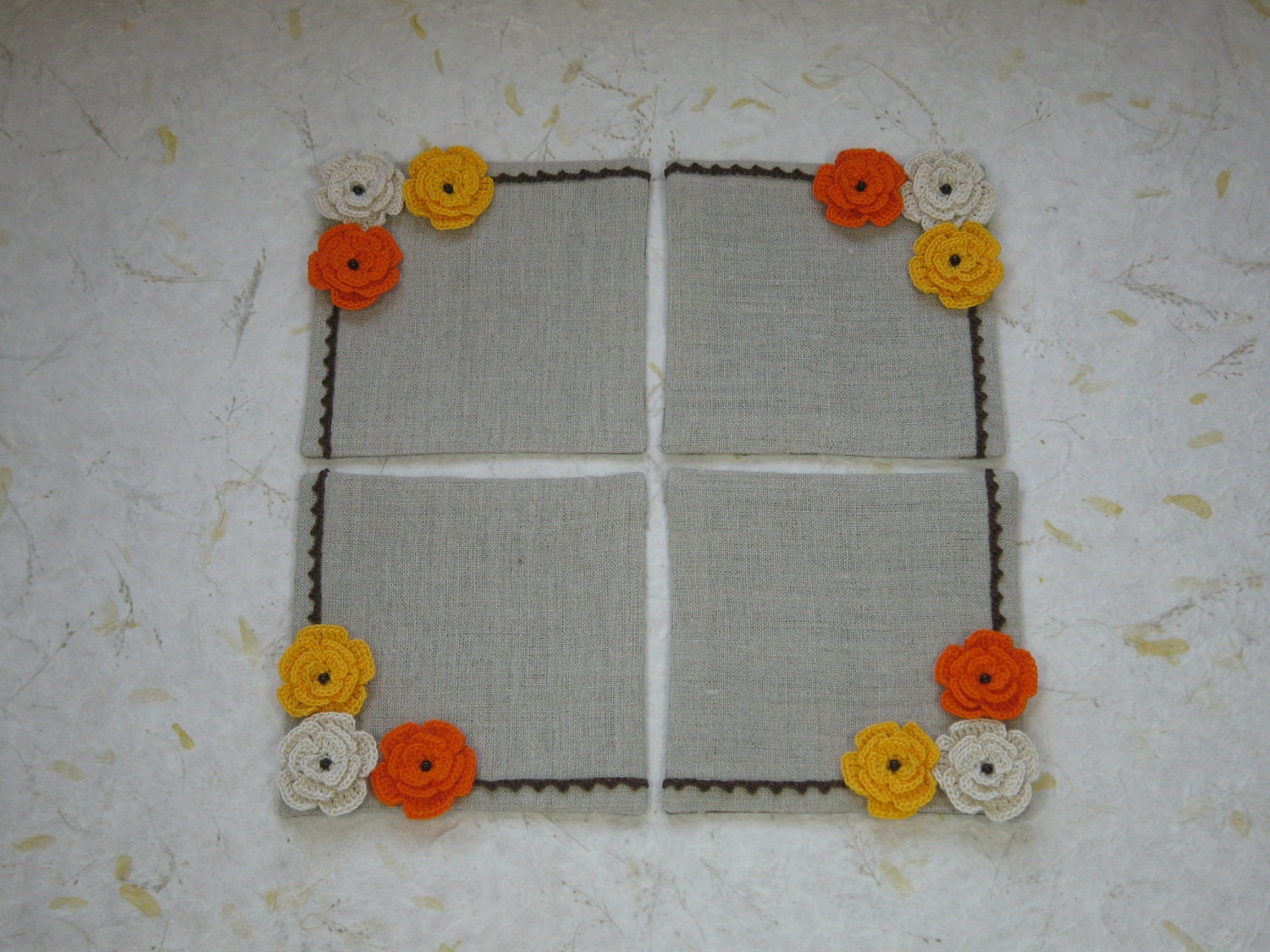 Linen & Cotton fabric coaster set : Autumn flowers
