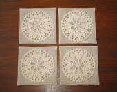 Linen & Cotton fabric coaster set with doily : Hearts
