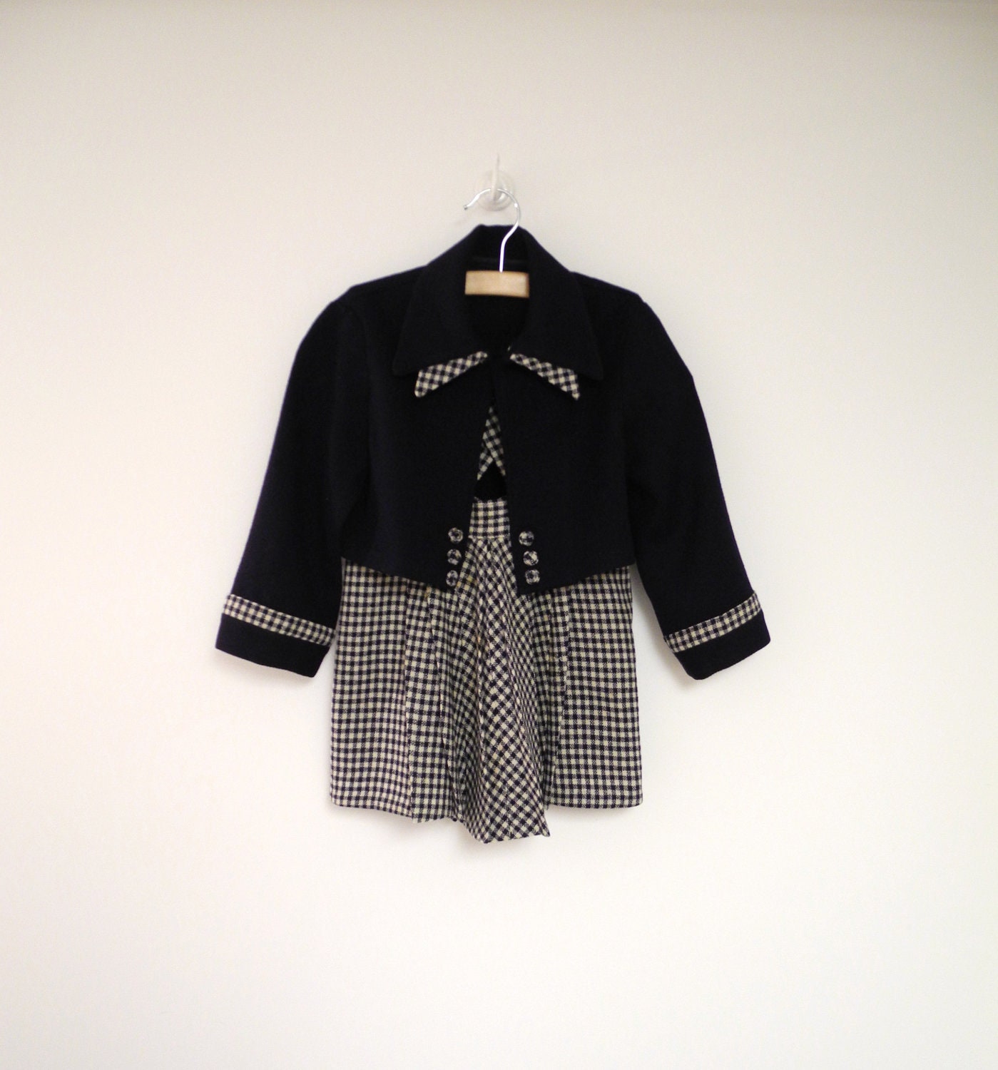 1940's Handmade Navy Blue and White Wool Houndstooth Coat and Pleated Dress Set