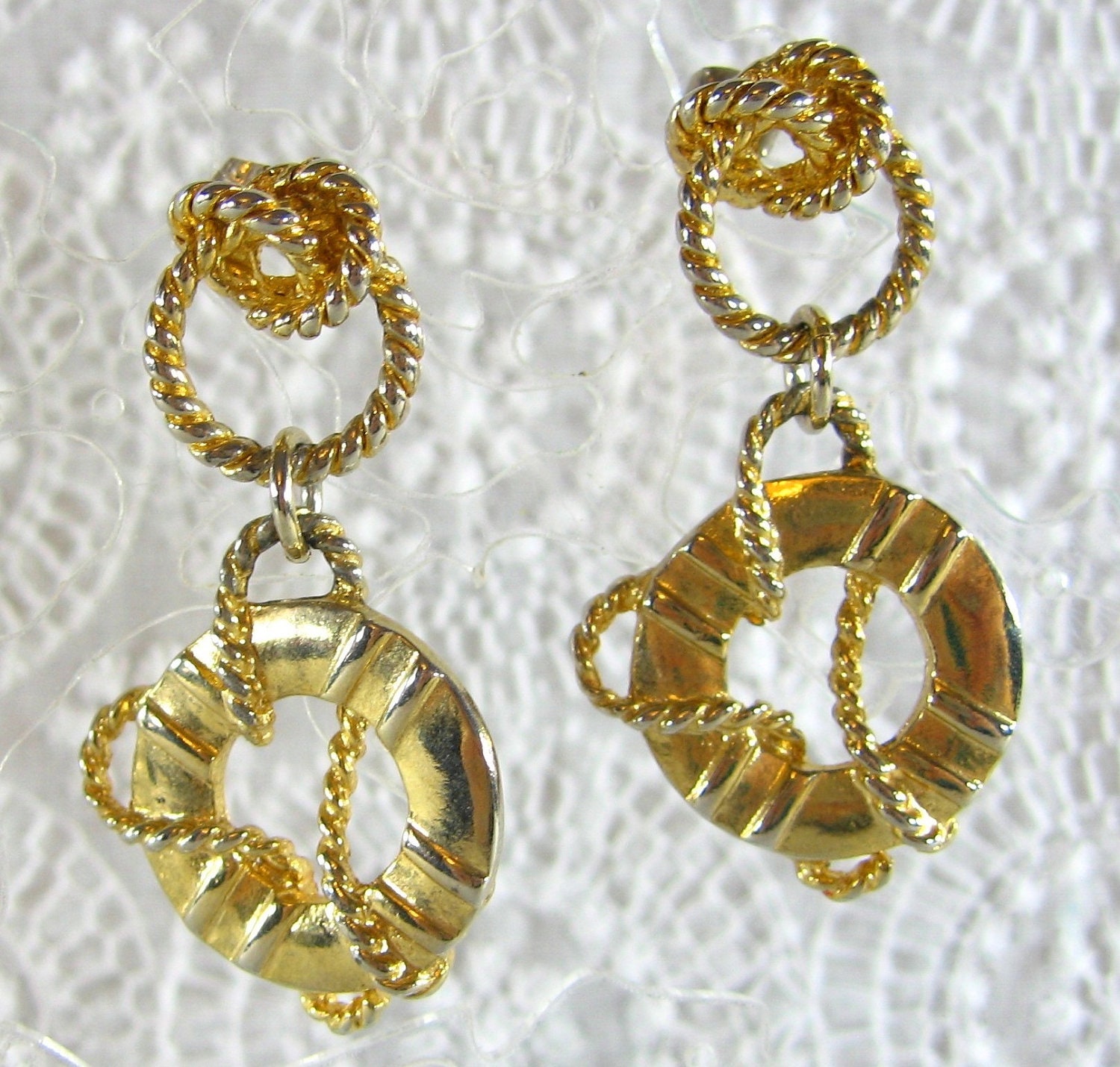 Vintage Nautical Earrings, Life Preservers, Knotted Ropes, Gold Tone Metal, Pierced Dangles, 1980s Ship Boat Ocean Beach Sailor Jewelry