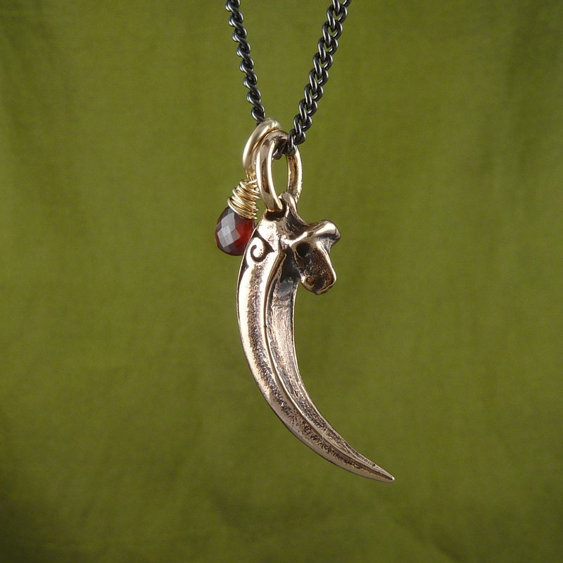 Raven Talon with Gold-Filled Sterling Silver Wire Wrapped Garnet Necklace Bronze Raven Talon Pendant on 24" Gunmetal Chain - Raven Jewelry