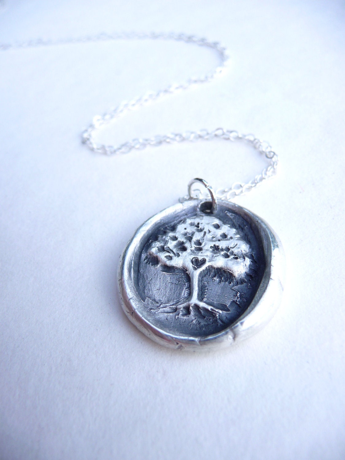 Wax seal necklace tree with hidden heart made from recycled fine silver, made to order