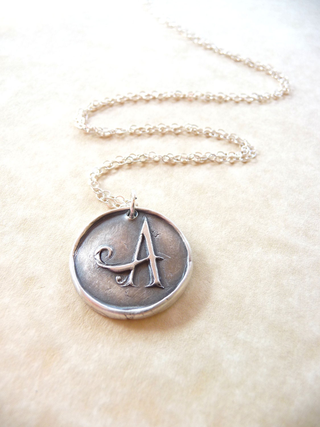 Wax seal monogram initial necklace pendant jewelry made from fine silver, custom made to order